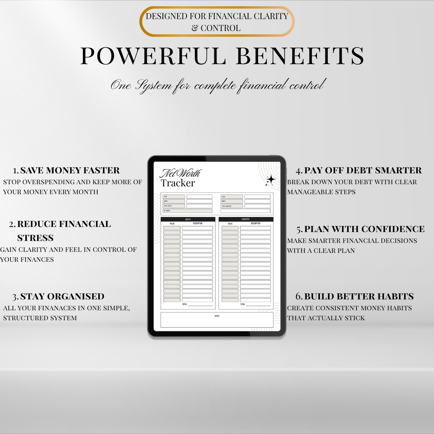 Financial planning kit benefits including saving money, reducing stress, staying organised, paying off debt, and building better financial habits.