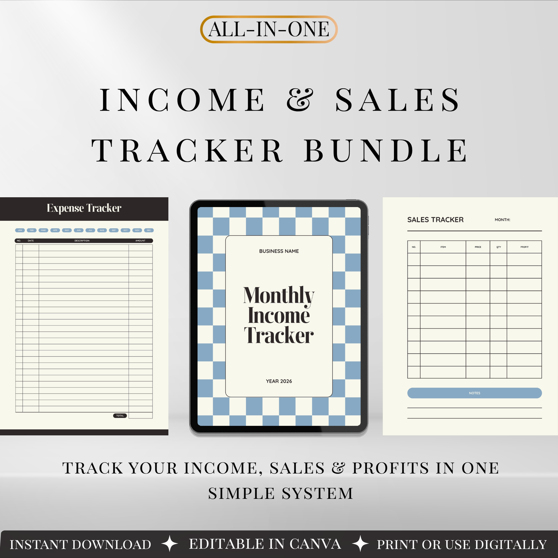 Income and sales tracker bundle with monthly income tracker cover, expense tracker, and sales tracker pages in a clean, minimal layout.