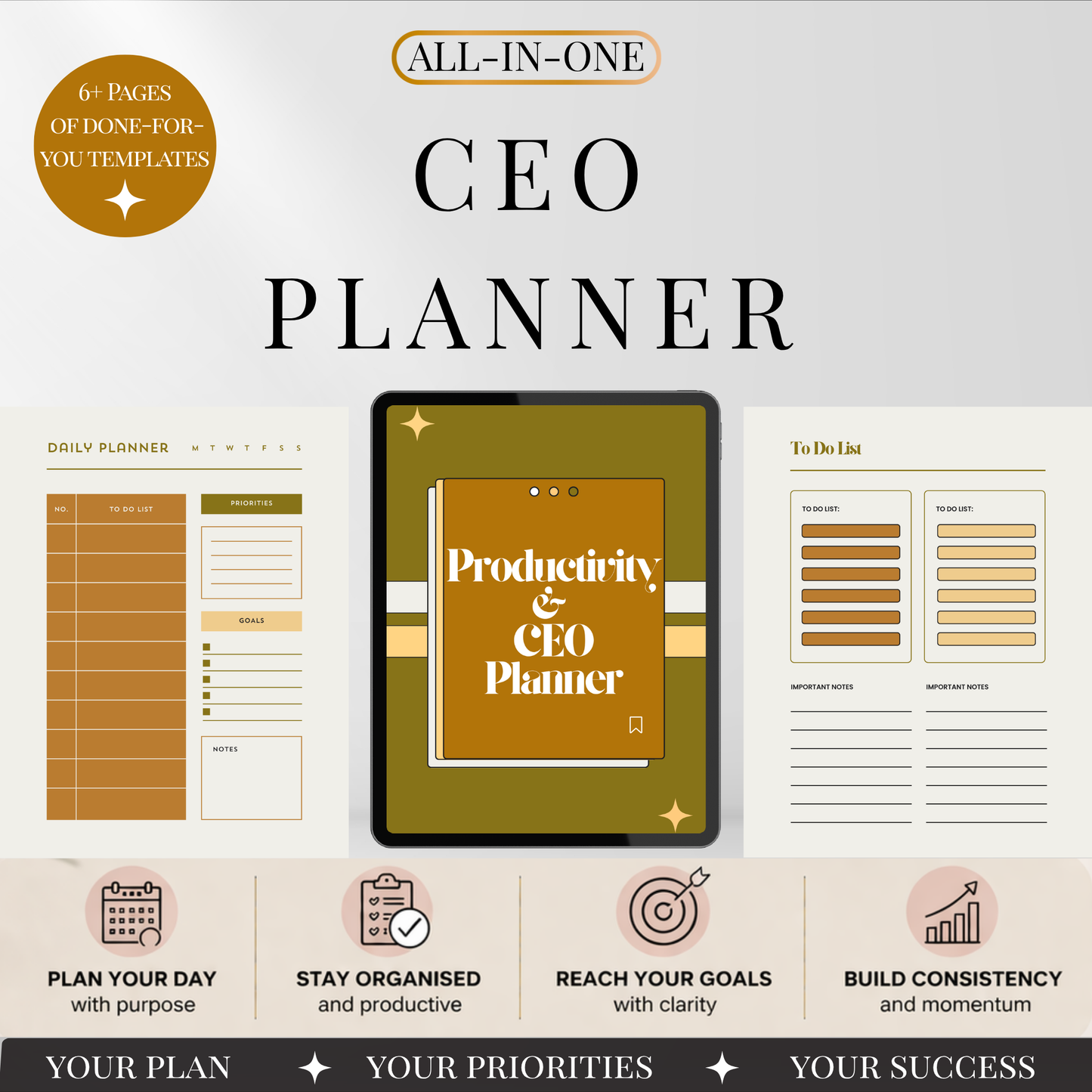 All-in-one CEO planner with daily planner and to-do list pages, productivity planner designed for organisation and goal setting.