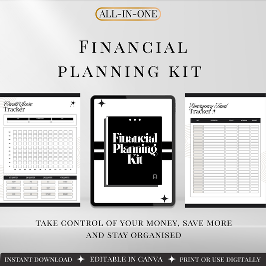 All-in-one financial planning kit with credit score tracker and emergency fund tracker pages displayed on tablet, minimalist black and white design.