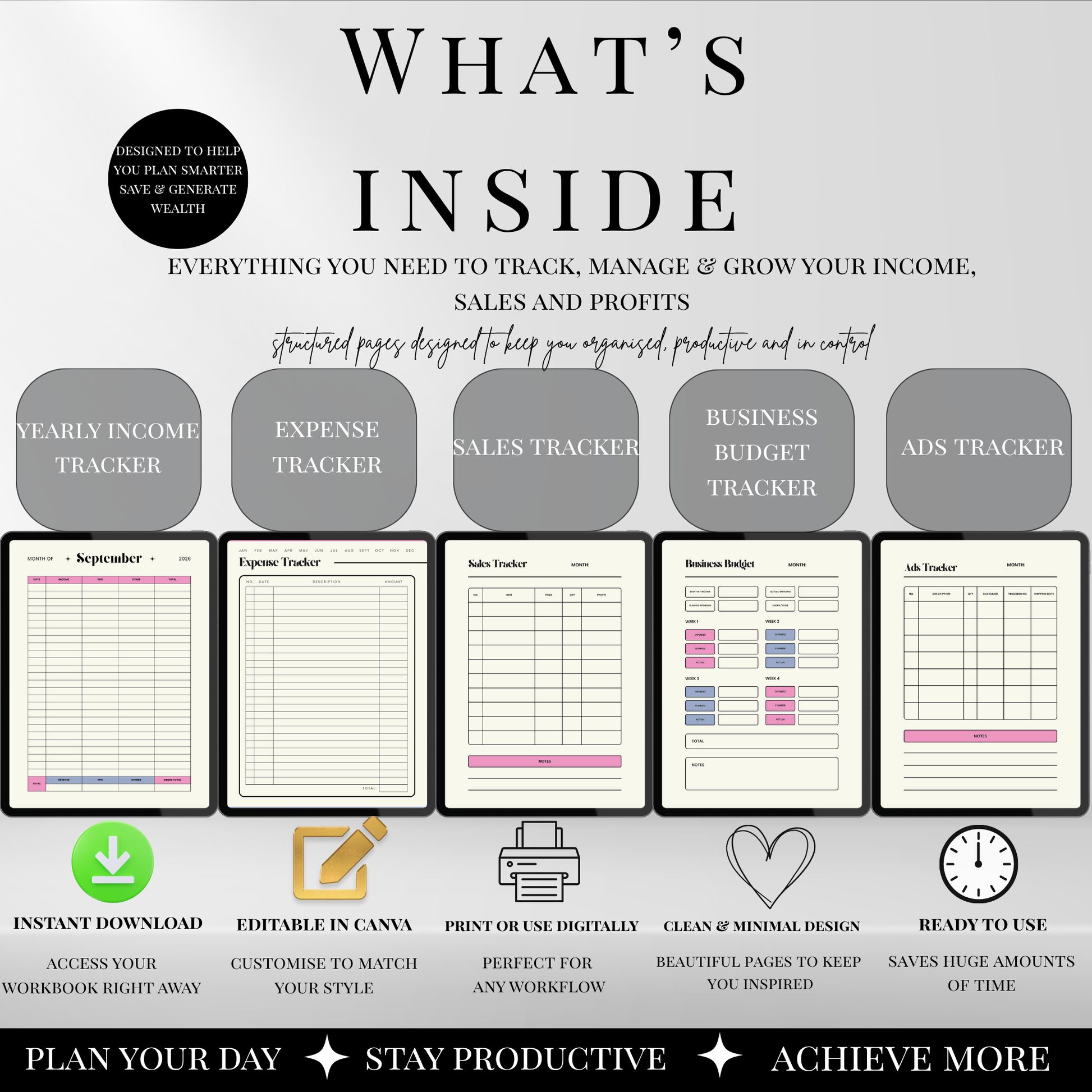 Income and sales tracker bundle overview showing yearly income tracker, expense tracker, sales tracker, business budget, and ads tracker pages.