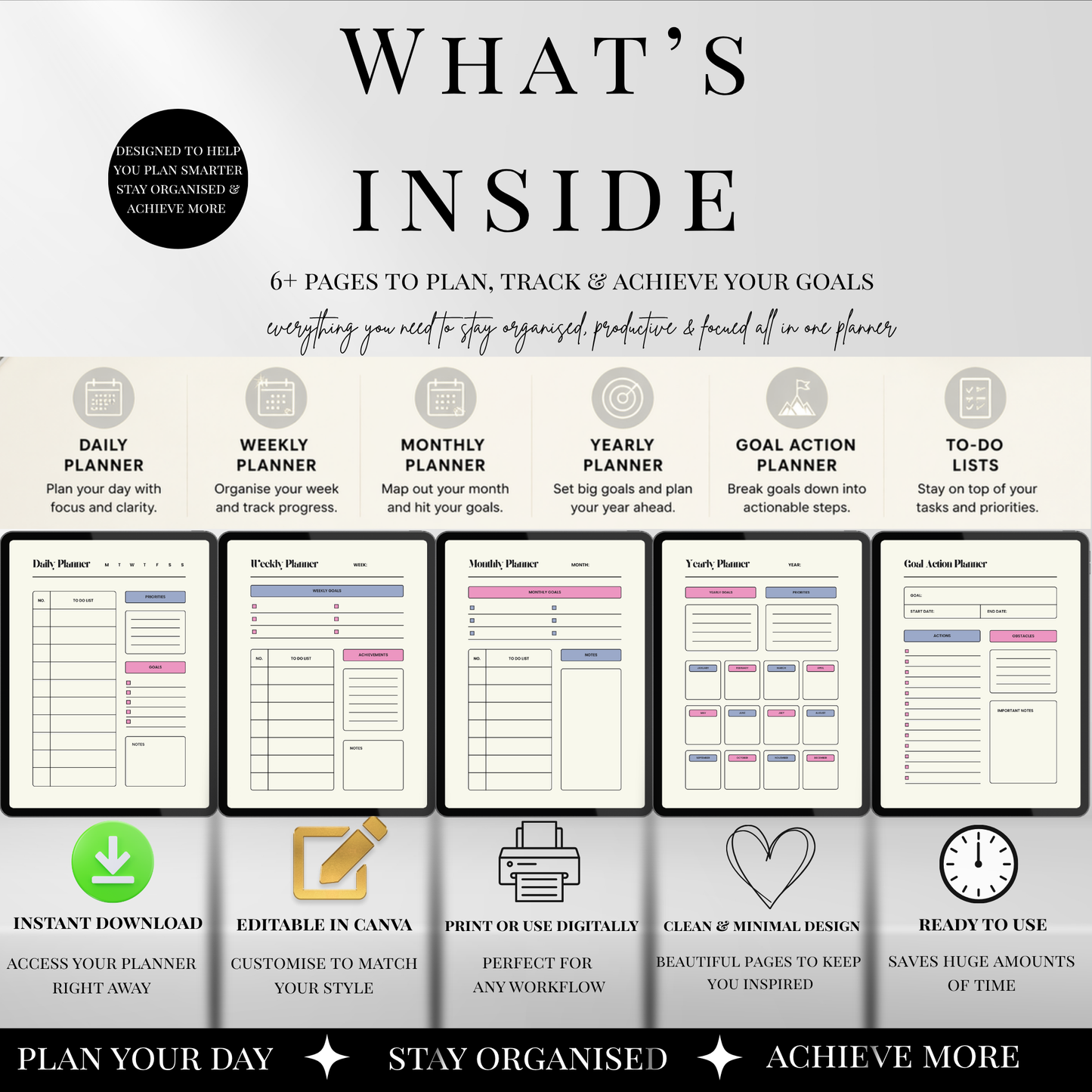 CEO planner overview showing daily, weekly, monthly, and yearly planners plus goal action planner and to-do lists.