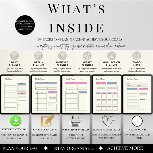 CEO planner overview showing daily, weekly, monthly, and yearly planners plus goal action planner and to-do lists.