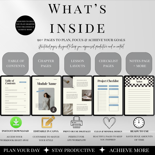 Course creator digital workbook pages preview showing table of contents, lesson layouts, checklists and notes pages