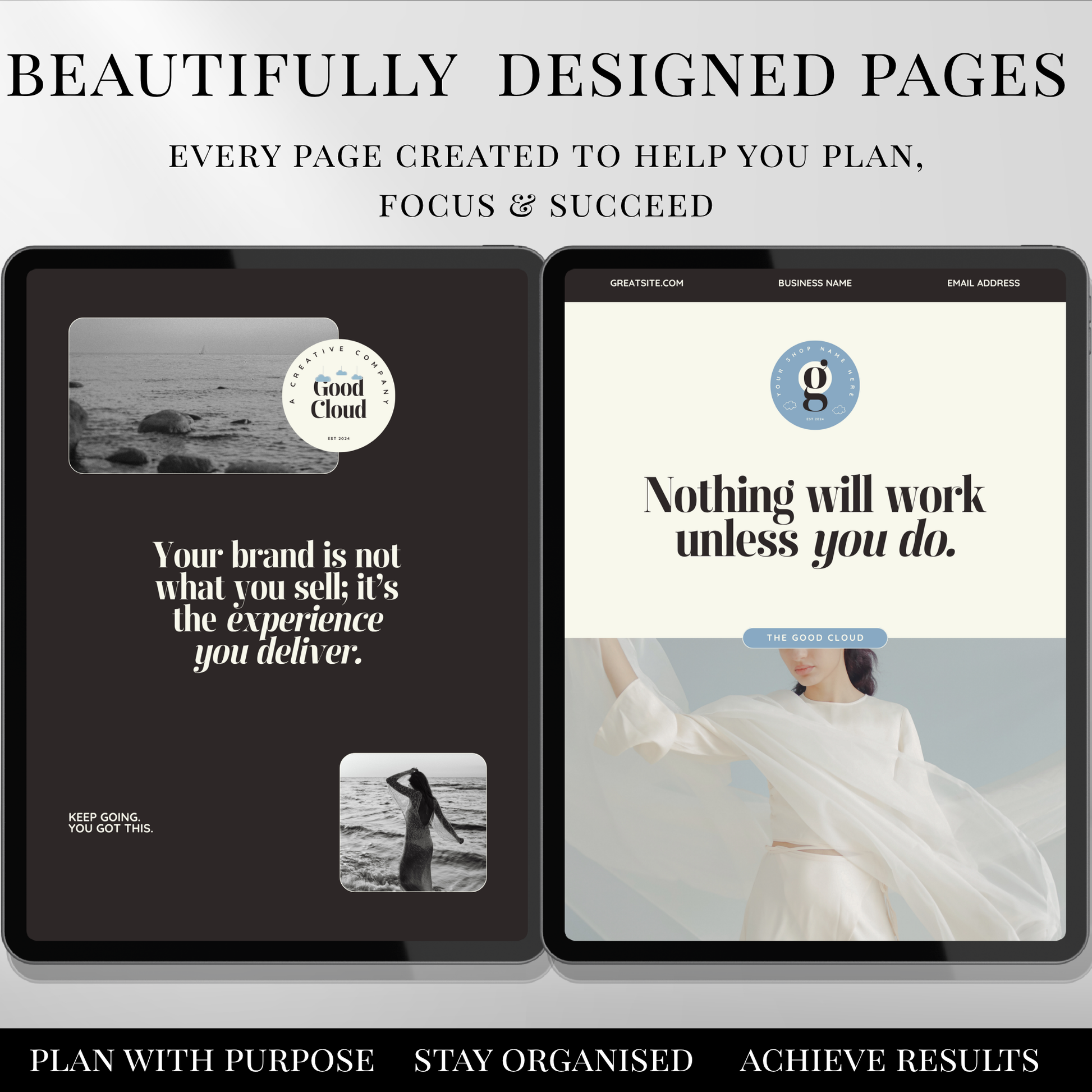 Aesthetic course workbook page designs with motivational quotes and clean layout for digital planners