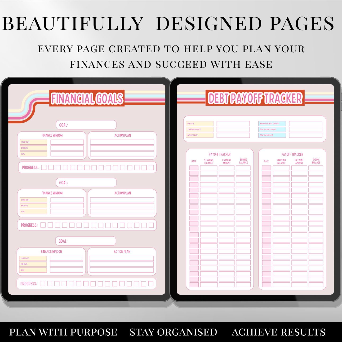 Financial goals planner and debt payoff tracker pages displayed on tablet with clean, pink pastel design layout.