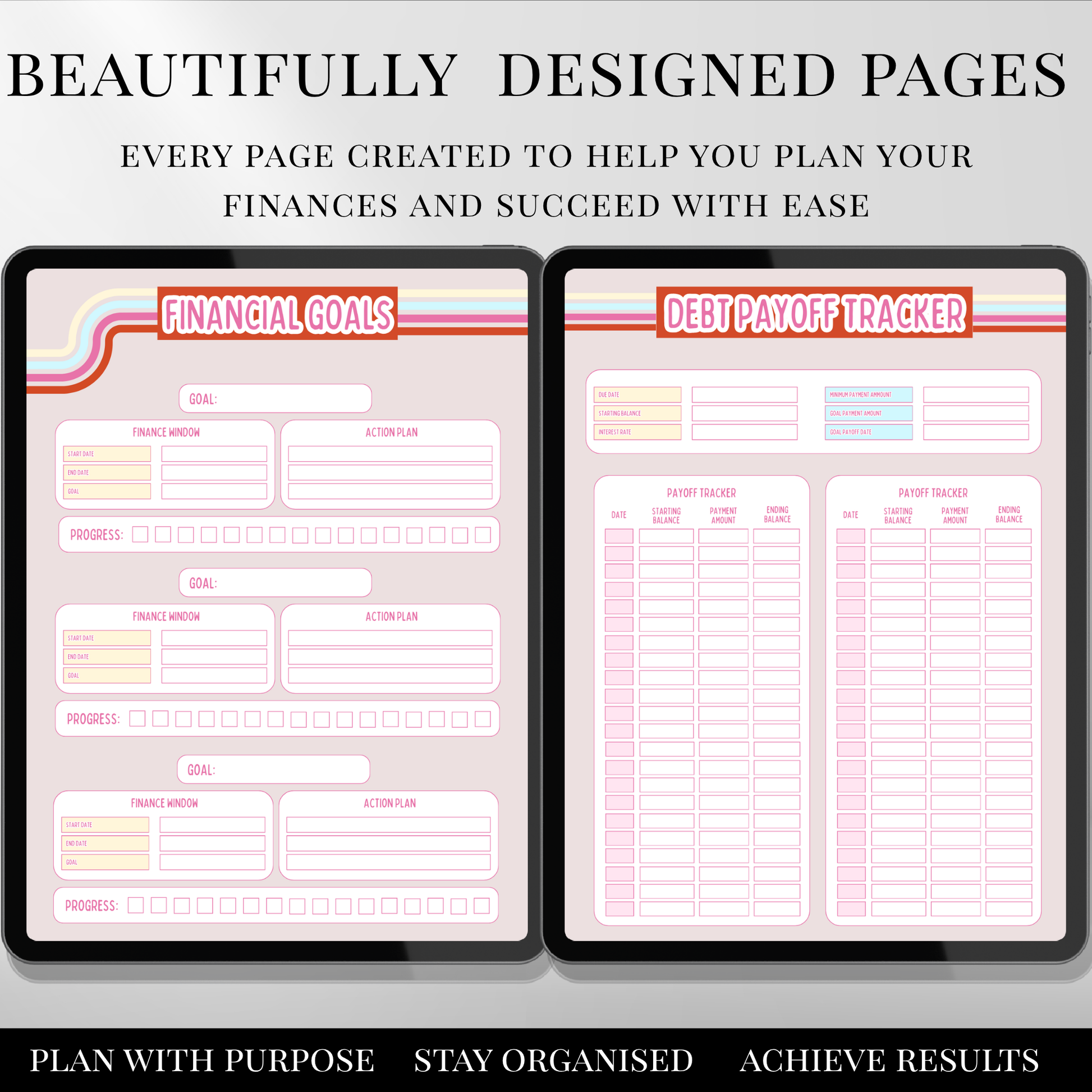 Financial goals planner and debt payoff tracker pages displayed on tablet with clean, pink pastel design layout.
