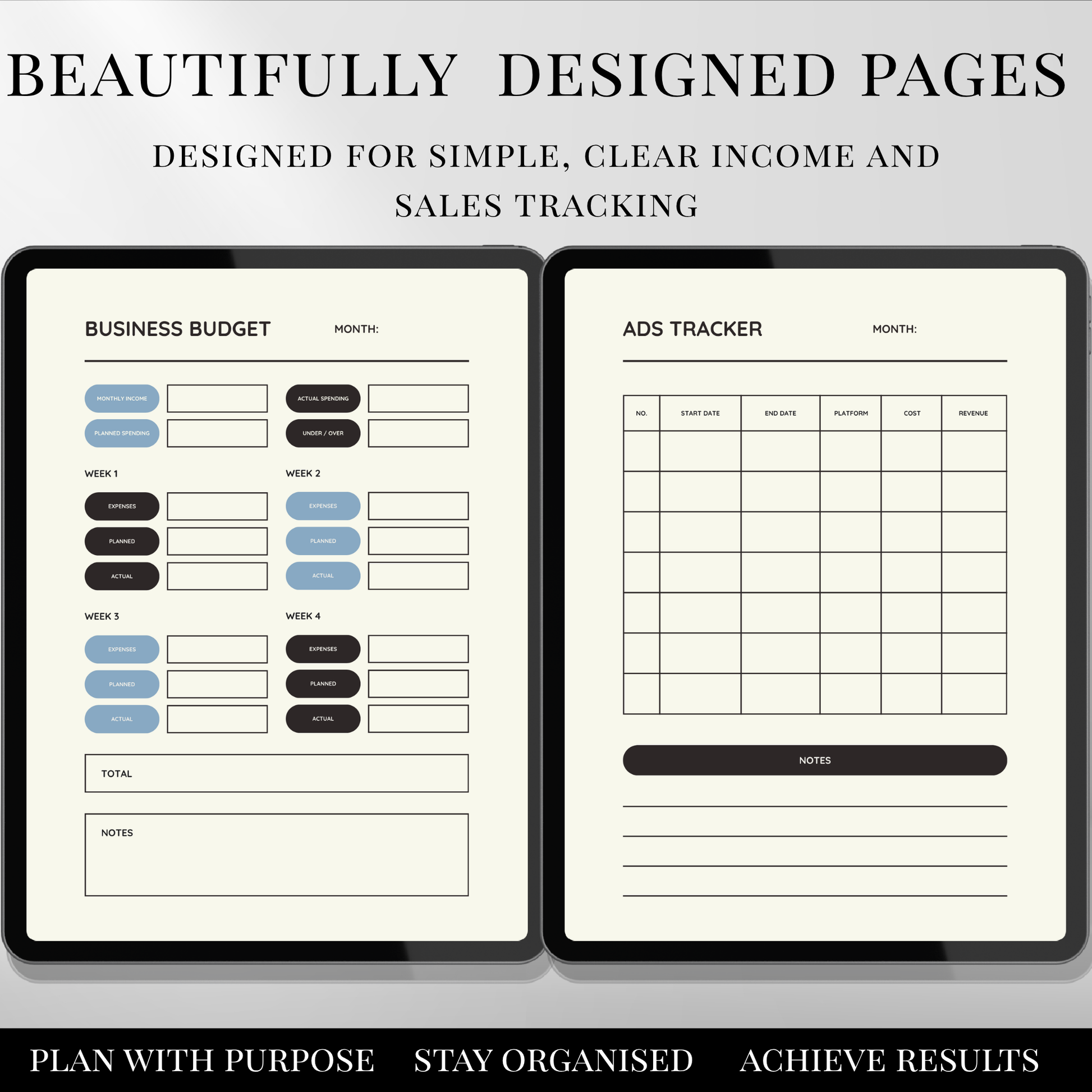 Business budget planner and ads tracker pages displayed on tablet, designed for clear income and sales tracking.