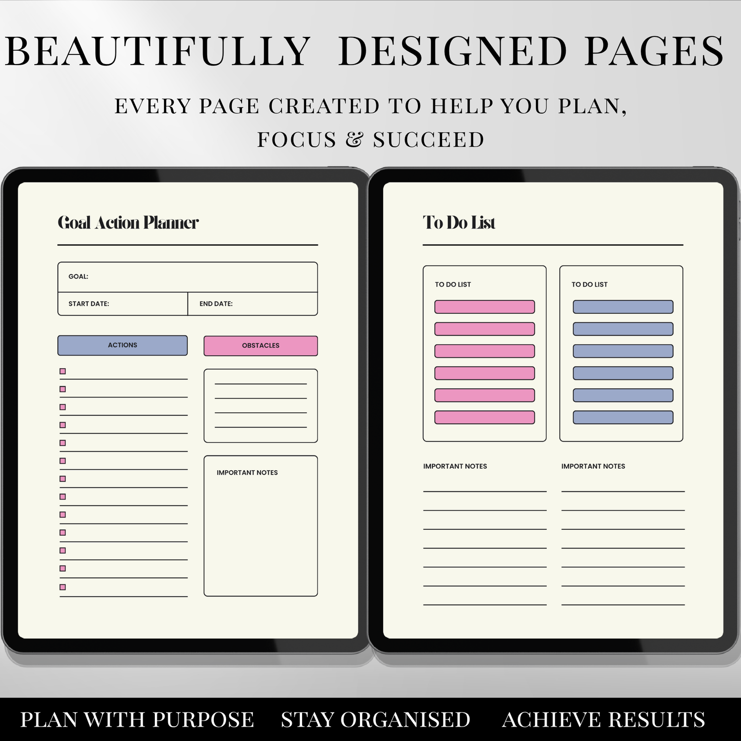 Goal action planner and to-do list pages displayed on tablet, designed for productivity, planning, and task organisation.