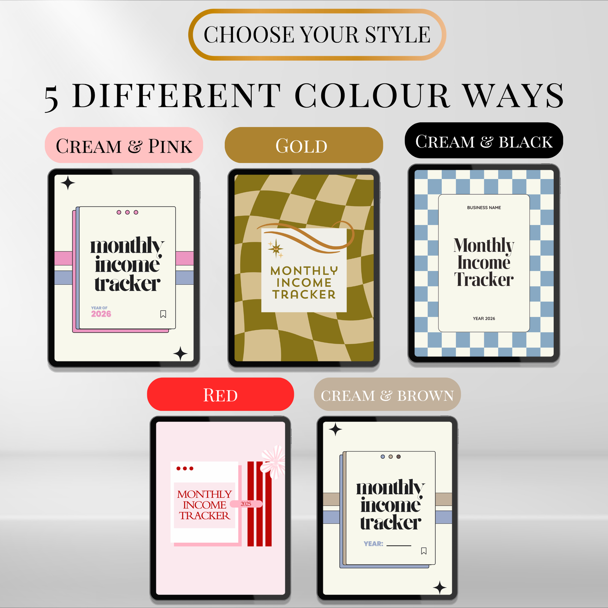 Income tracker bundle available in five colour themes including cream and pink, gold, cream and black, red, and cream and brown.