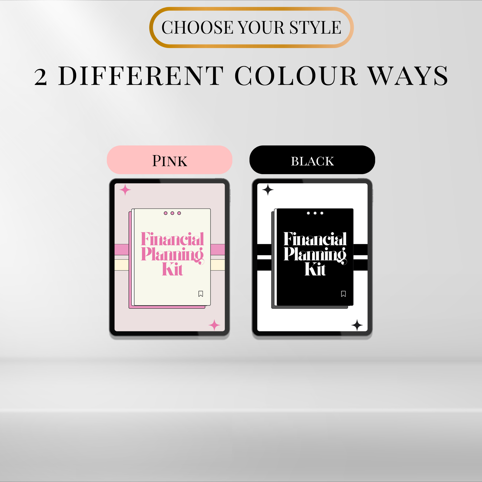 Financial planning kit available in two color themes, pink and black, shown on tablet screens.