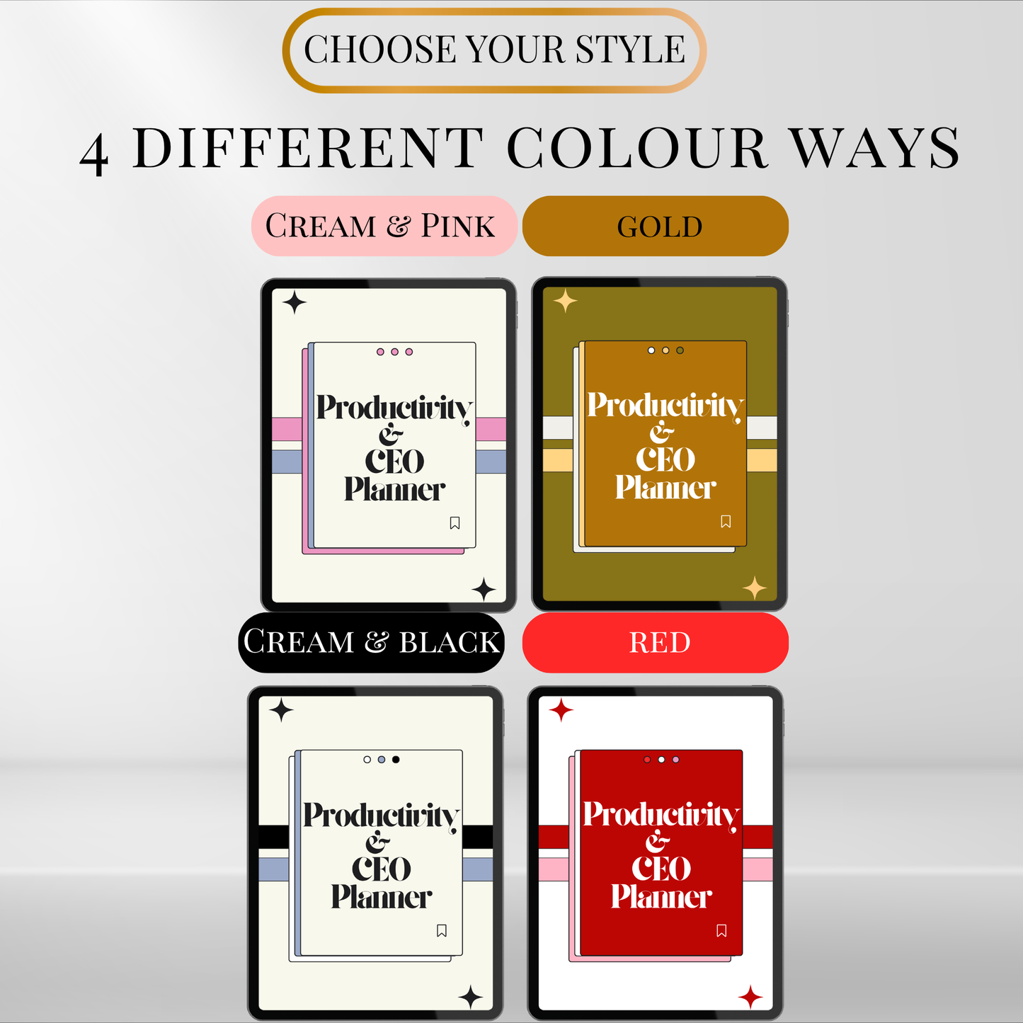 CEO planner available in four colour themes including cream and pink, gold, cream and black, and red.