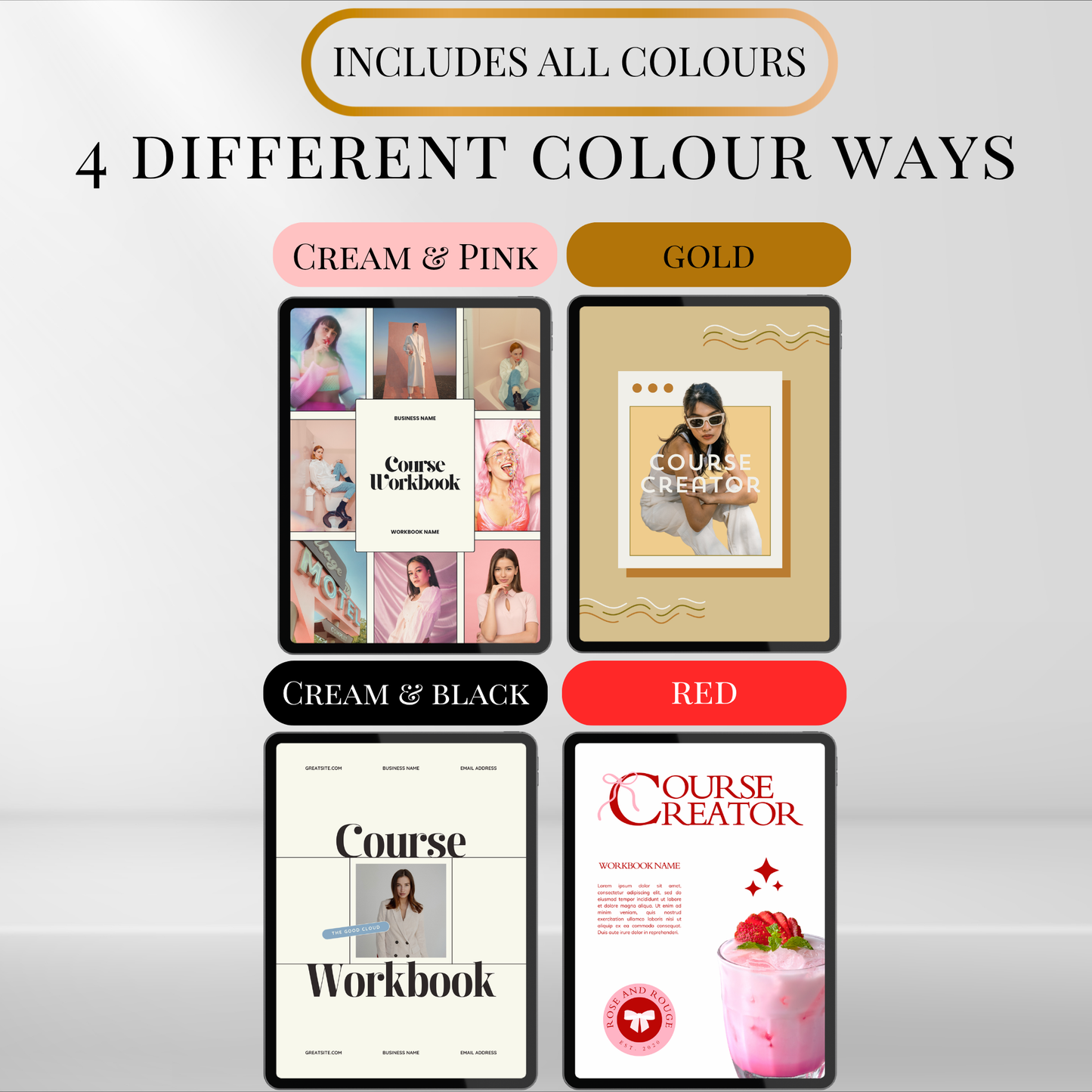 Course creator digital workbook available in multiple colour themes including: cream & pink, gold, cream & black and red