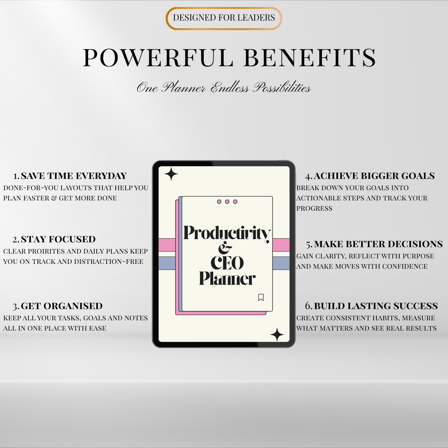 CEO planner benefits including saving time, staying focused, getting organised, achieving goals, and building consistent productivity habits.