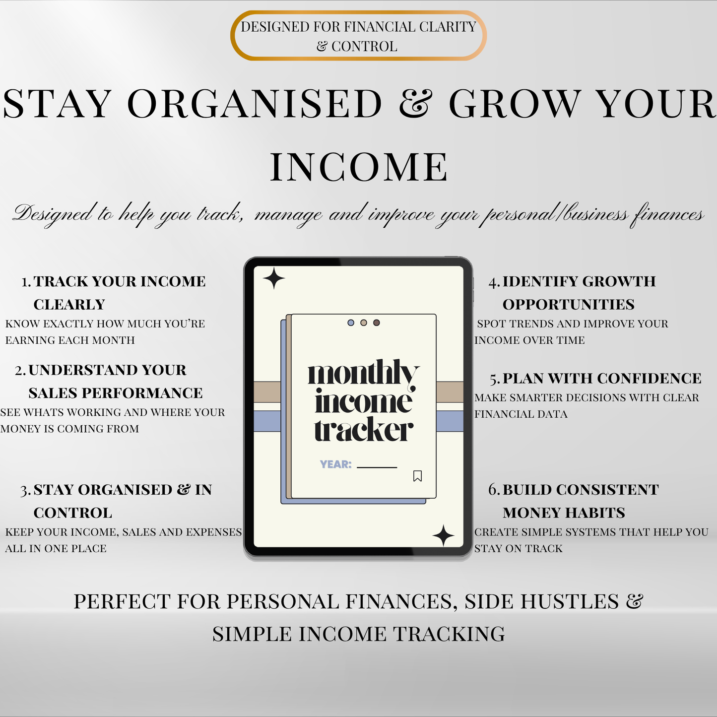 Income and sales tracker bundle benefits including tracking income clearly, understanding sales performance, and improving financial organisation.