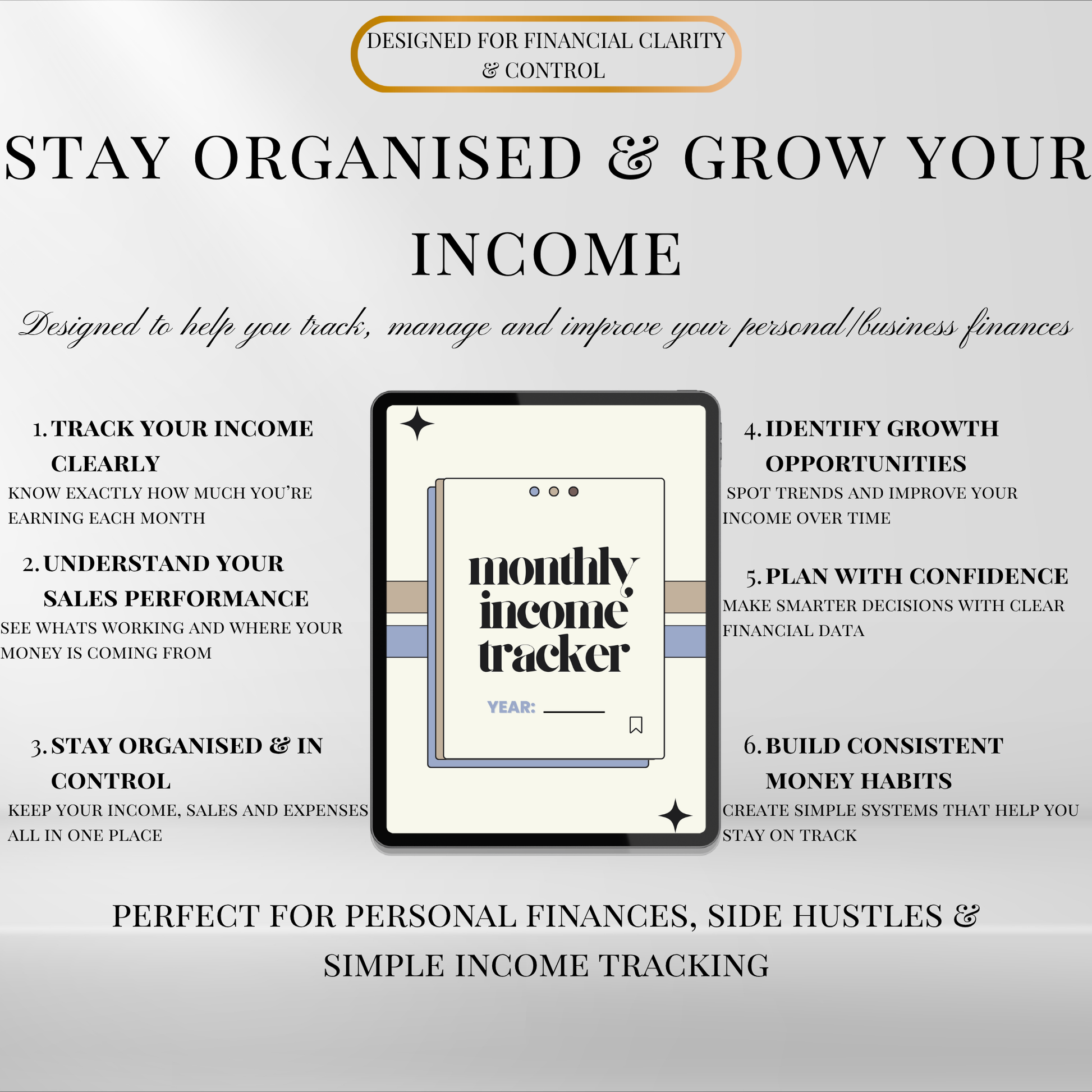 Income and sales tracker bundle benefits including tracking income clearly, understanding sales performance, and improving financial organisation.