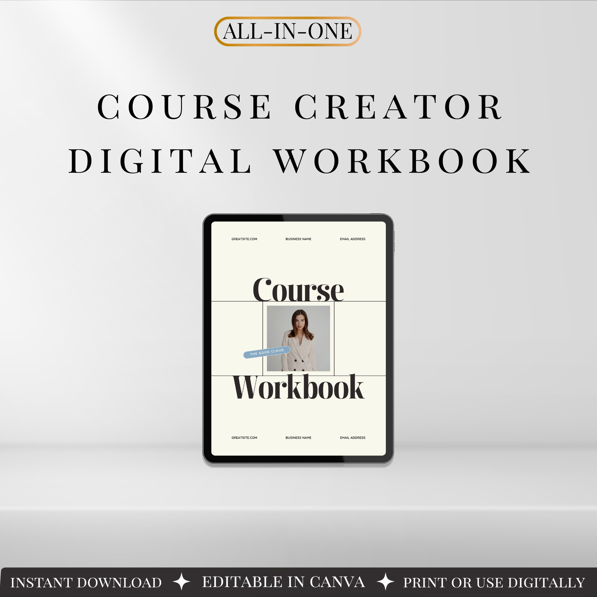 Course creator digital workbook Canva template for planners, coaches and online course creators on a light grey background.